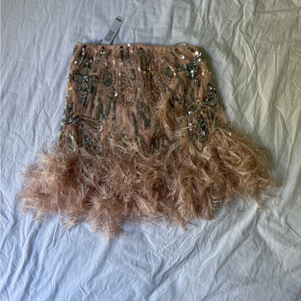 ASOS Sequin and Feather Mini Skirt in Gold and Tan